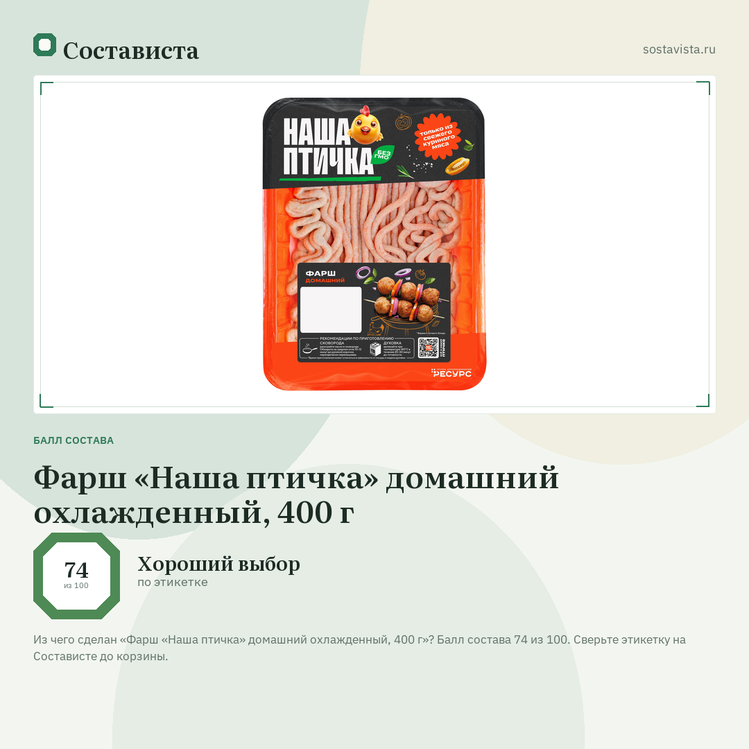 Фарш «Наша птичка» домашний охлажденный, 400 г: балл состава 74 из 100 — Состависта