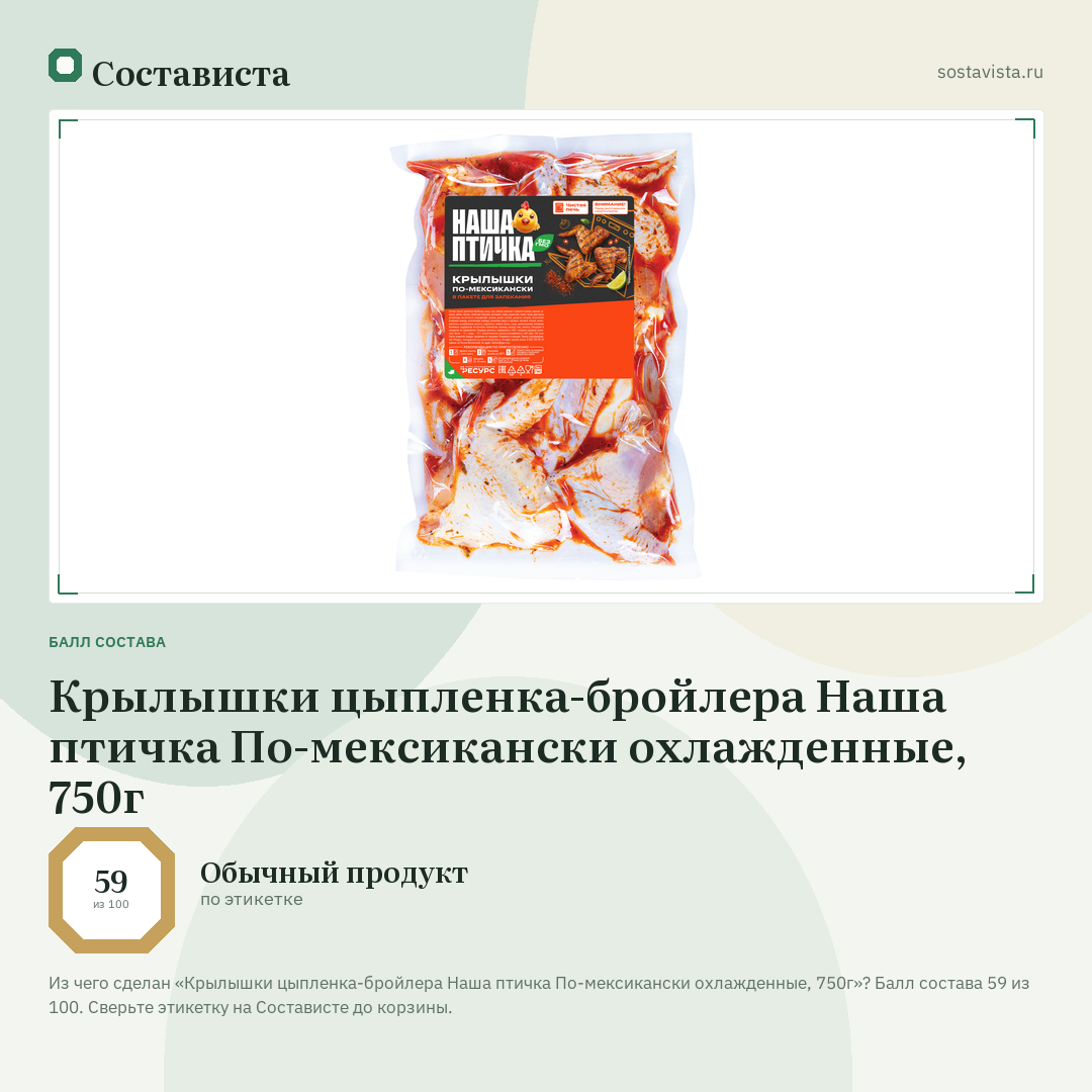 Крылышки цыпленка-бройлера Наша птичка По-мексикански охлажденные, 750г: балл состава 59 из 100 — Состависта