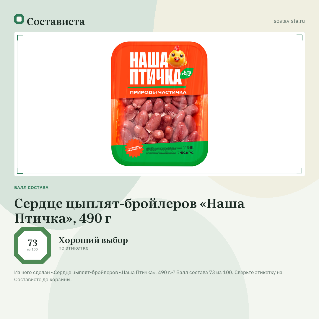 Сердце цыплят-бройлеров «Наша Птичка», 490 г: балл состава 73 из 100 — Состависта