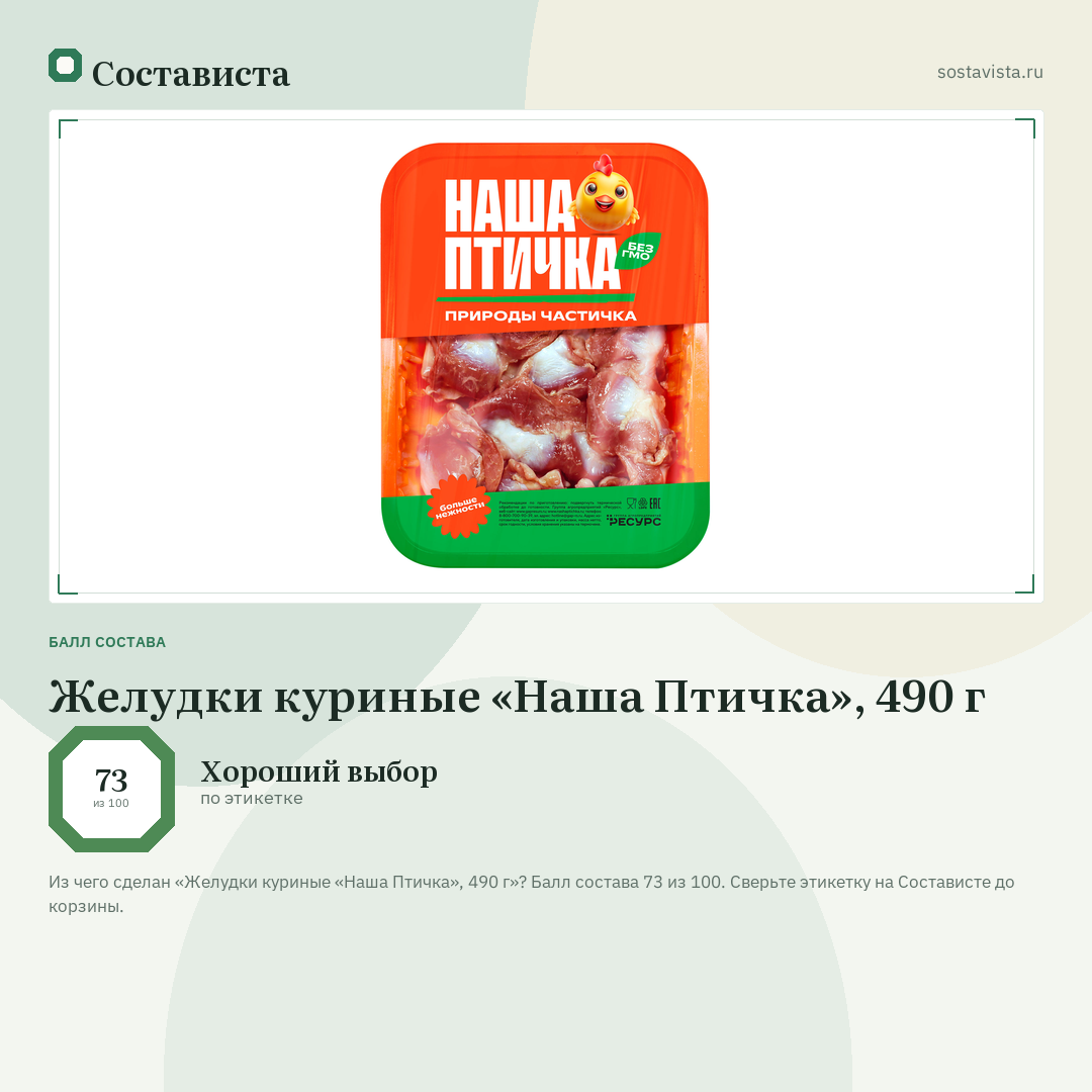 Желудки куриные «Наша Птичка», 490 г: балл состава 73 из 100 — Состависта