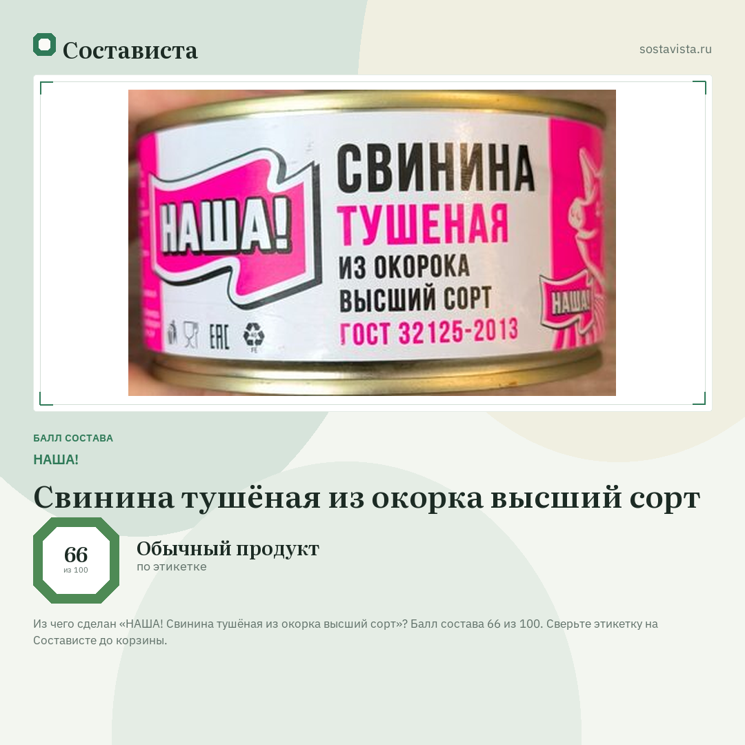 НАША! Свинина тушёная из окорка высший сорт: балл состава 66 из 100 — Состависта