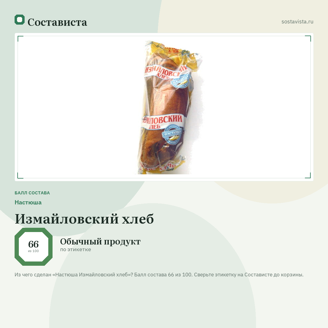 Настюша Измайловский хлеб: балл состава 66 из 100 — Состависта
