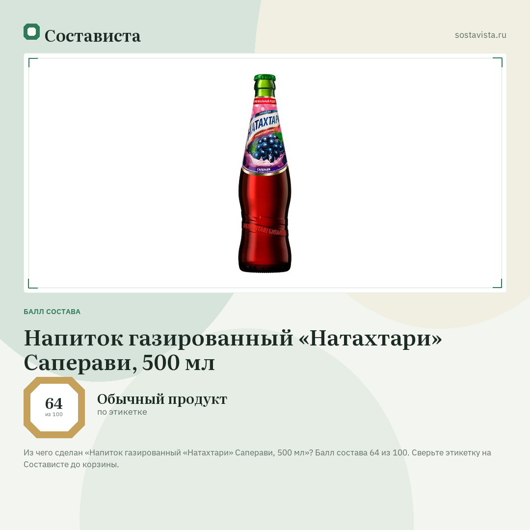 Напиток газированный «Натахтари» Саперави, 500 мл: балл состава 64 из 100 — Состависта