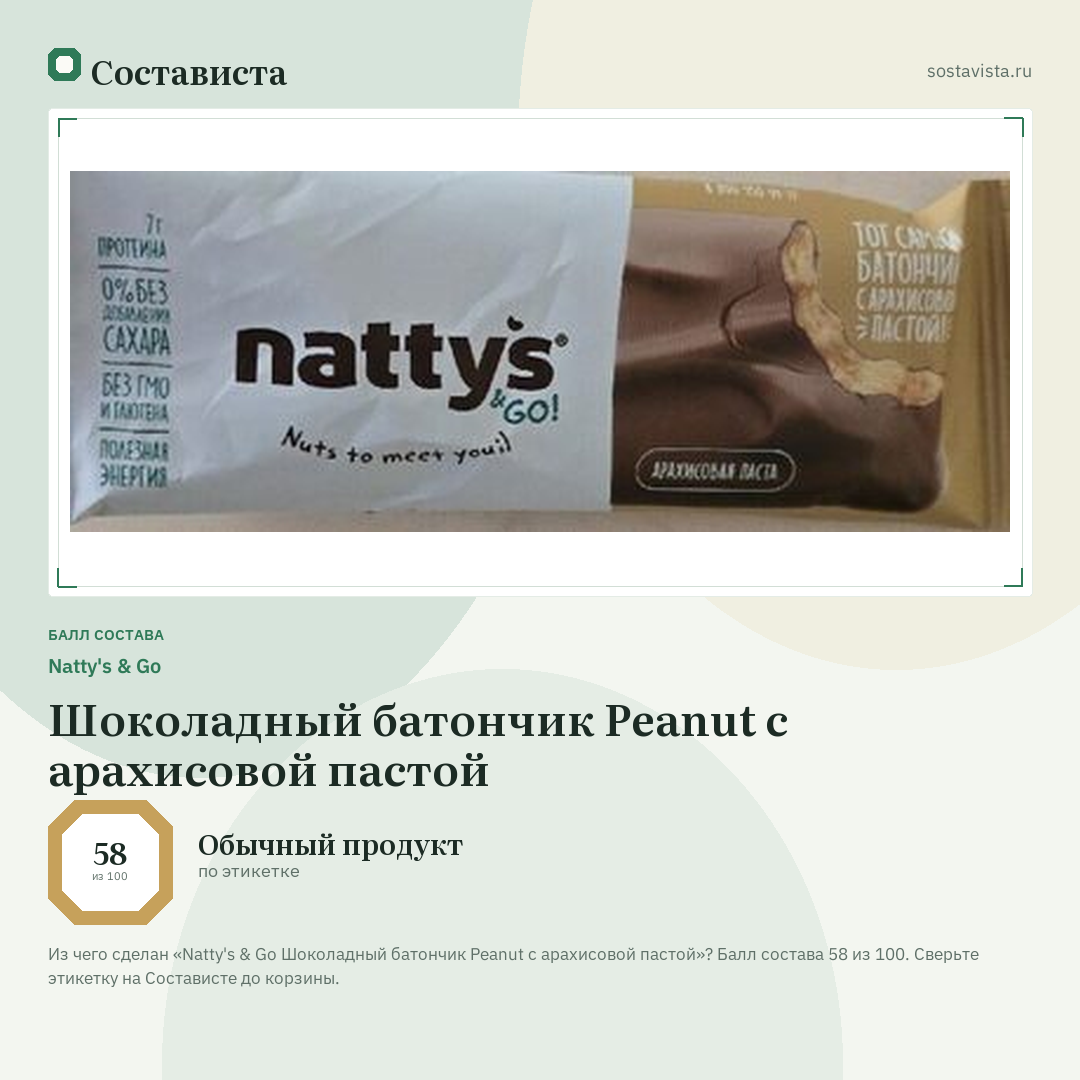 Natty's & Go Шоколадный батончик Peanut с арахисовой пастой: балл состава 58 из 100 — Состависта