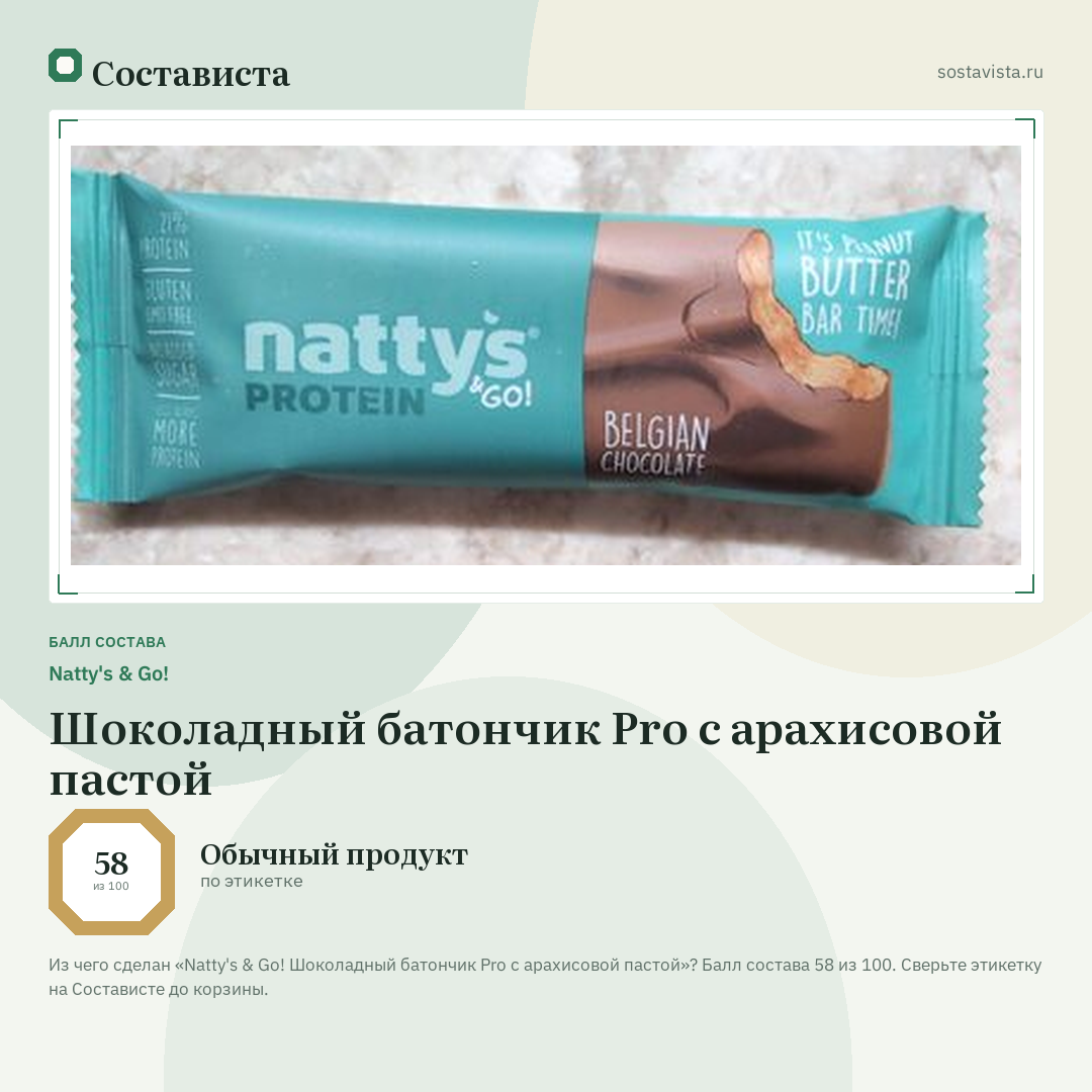 Natty's & Go! Шоколадный батончик Pro с арахисовой пастой: балл состава 58 из 100 — Состависта