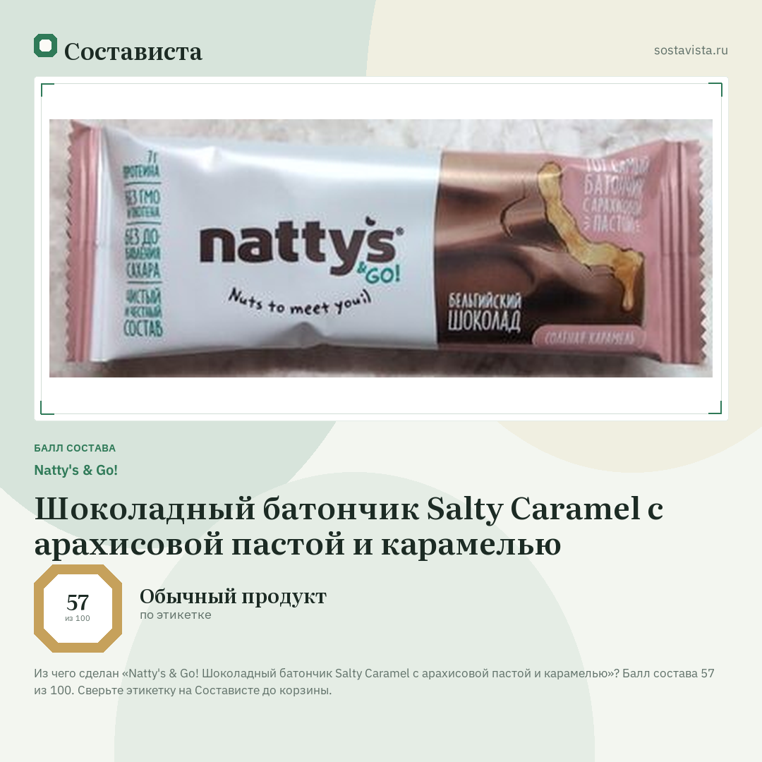 Natty's & Go! Шоколадный батончик Salty Caramel с арахисовой пастой и карамелью: балл состава 57 из 100 — Состависта