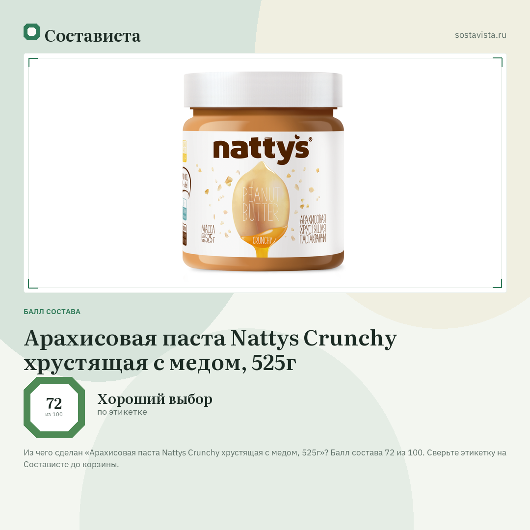Арахисовая паста Nattys Crunchy хрустящая с медом, 525г: балл состава 72 из 100 — Состависта
