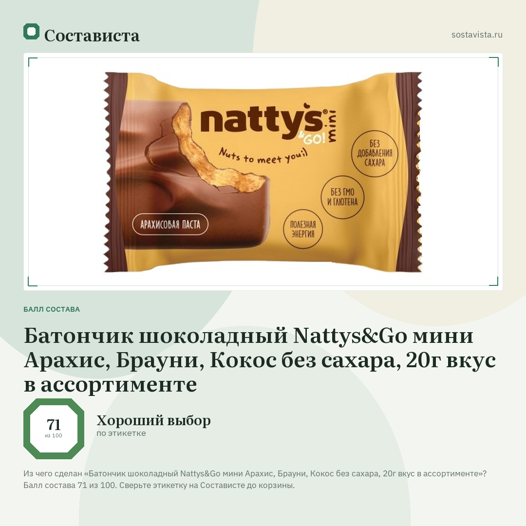 Батончик шоколадный Nattys&Go мини Арахис, Брауни, Кокос без сахара, 20г вкус в ассортименте: балл состава 71 из 100 — Состависта