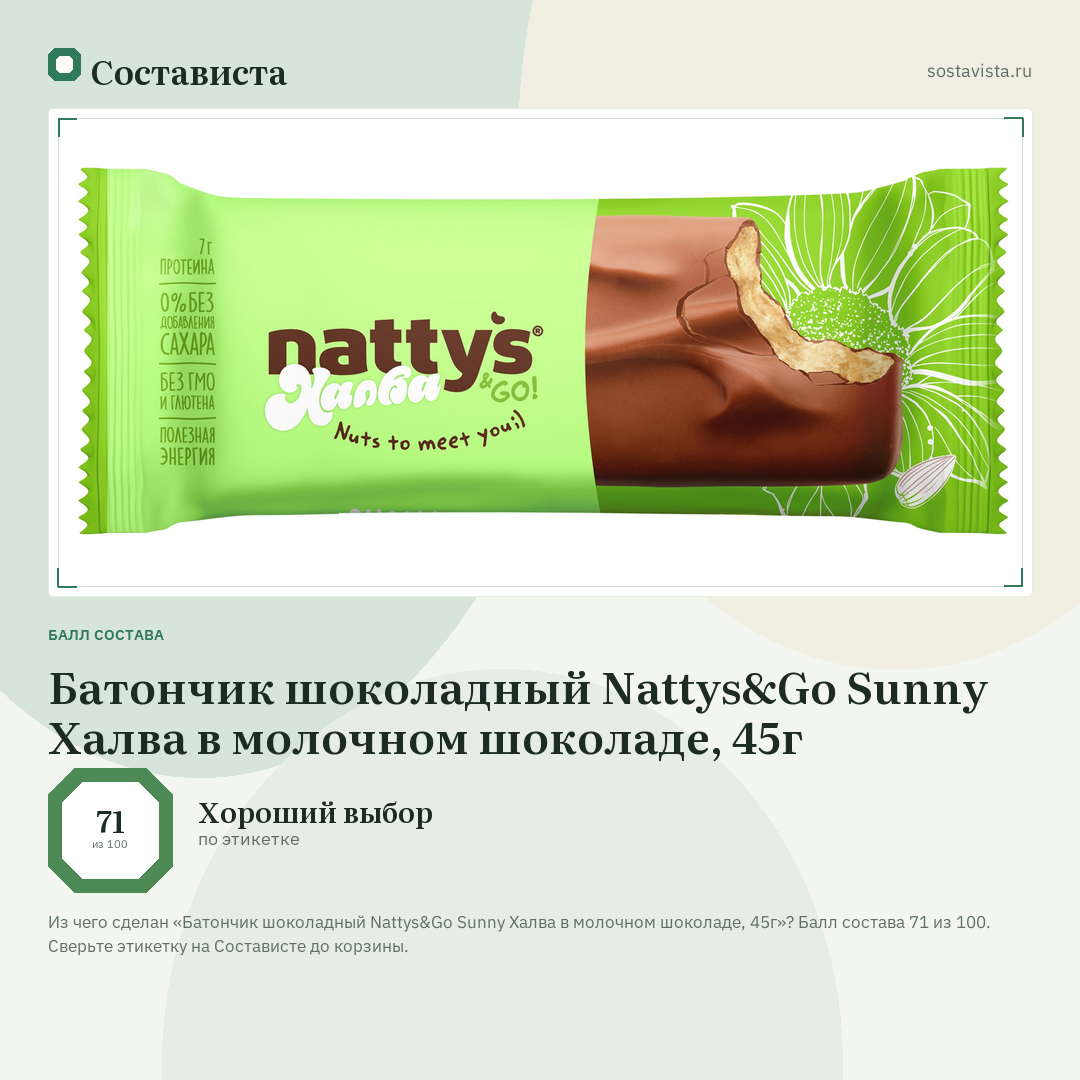 Батончик шоколадный Nattys&Go Sunny Халва в молочном шоколаде, 45г: балл состава 71 из 100 — Состависта
