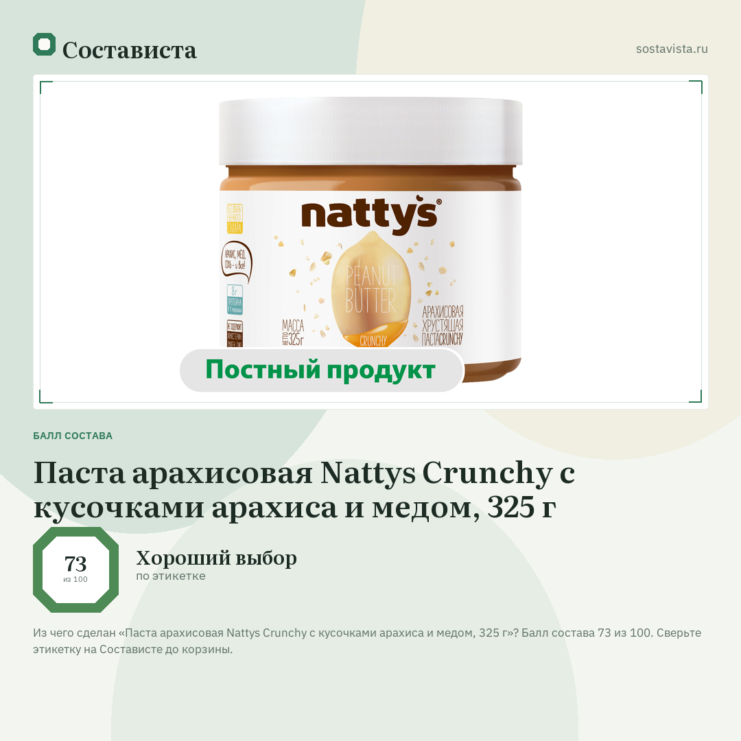 Паста арахисовая Nattys Crunchy с кусочками арахиса и медом, 325 г: балл состава 73 из 100 — Состависта