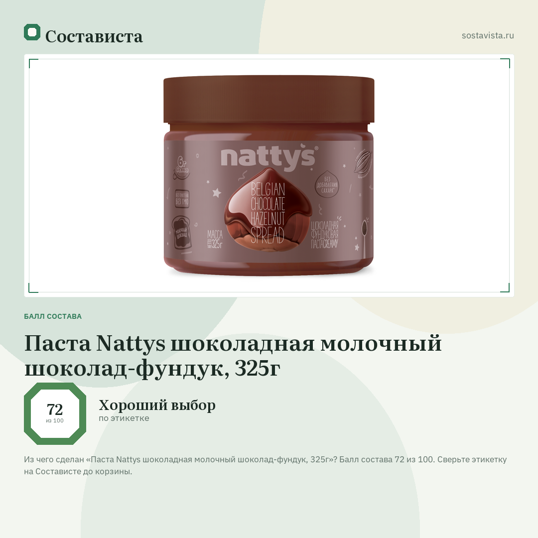 Паста Nattys шоколадная молочный шоколад-фундук, 325г: балл состава 72 из 100 — Состависта