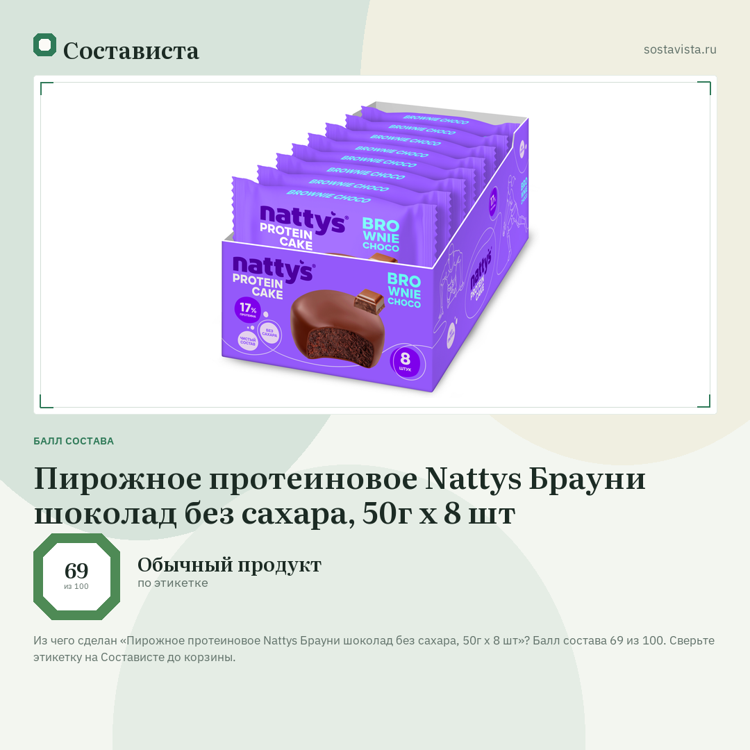 Пирожное протеиновое Nattys Брауни шоколад без сахара, 50г x 8 шт: балл состава 69 из 100 — Состависта