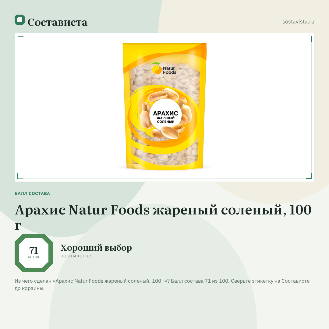 Арахис Natur Foods жареный соленый, 100 г: балл состава 71 из 100 — Состависта