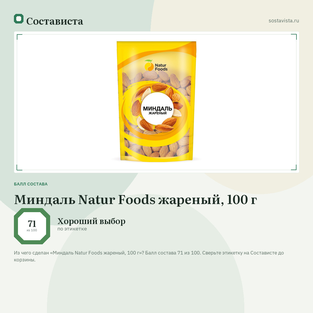 Миндаль Natur Foods жареный, 100 г: балл состава 71 из 100 — Состависта