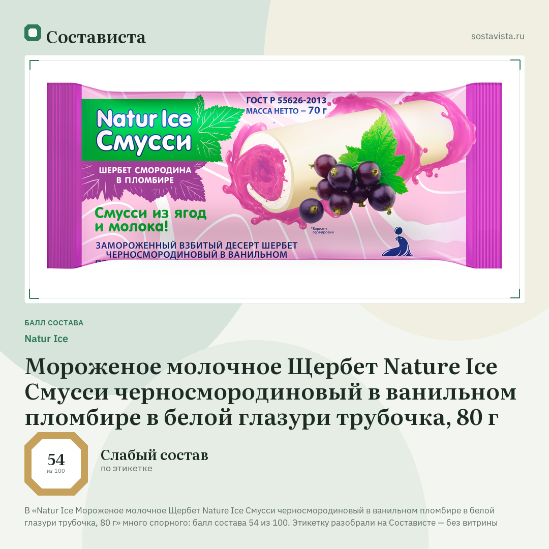 Natur Ice Мороженое молочное Щербет Nature Ice Смусси черносмородиновый в ванильном пломбире в белой глазури трубочка, 80 г: балл состава 54 из 100 — Состависта