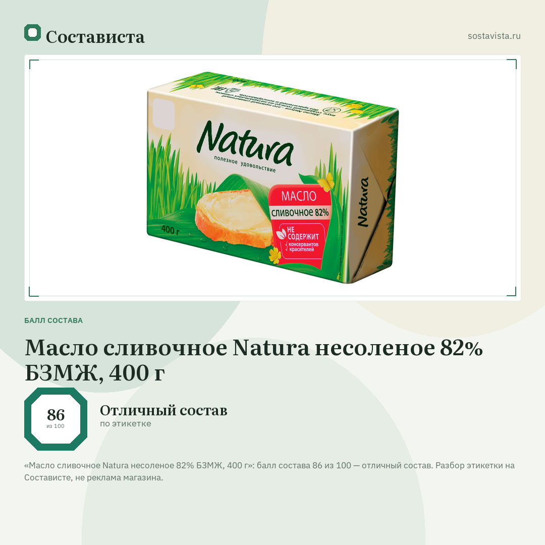 Масло сливочное Natura несоленое 82% БЗМЖ, 400 г: балл состава 86 из 100 — Состависта