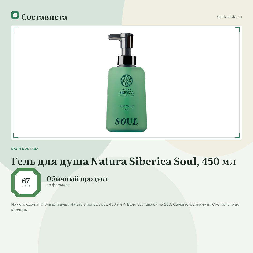 Гель для душа Natura Siberica Soul, 450 мл: балл состава 67 из 100 — Состависта