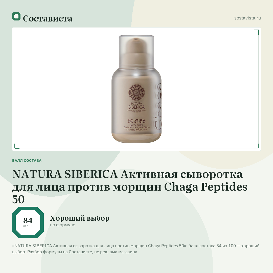 NATURA SIBERICA Активная сыворотка для лица против морщин Chaga Peptides 50: балл состава 84 из 100 — Состависта