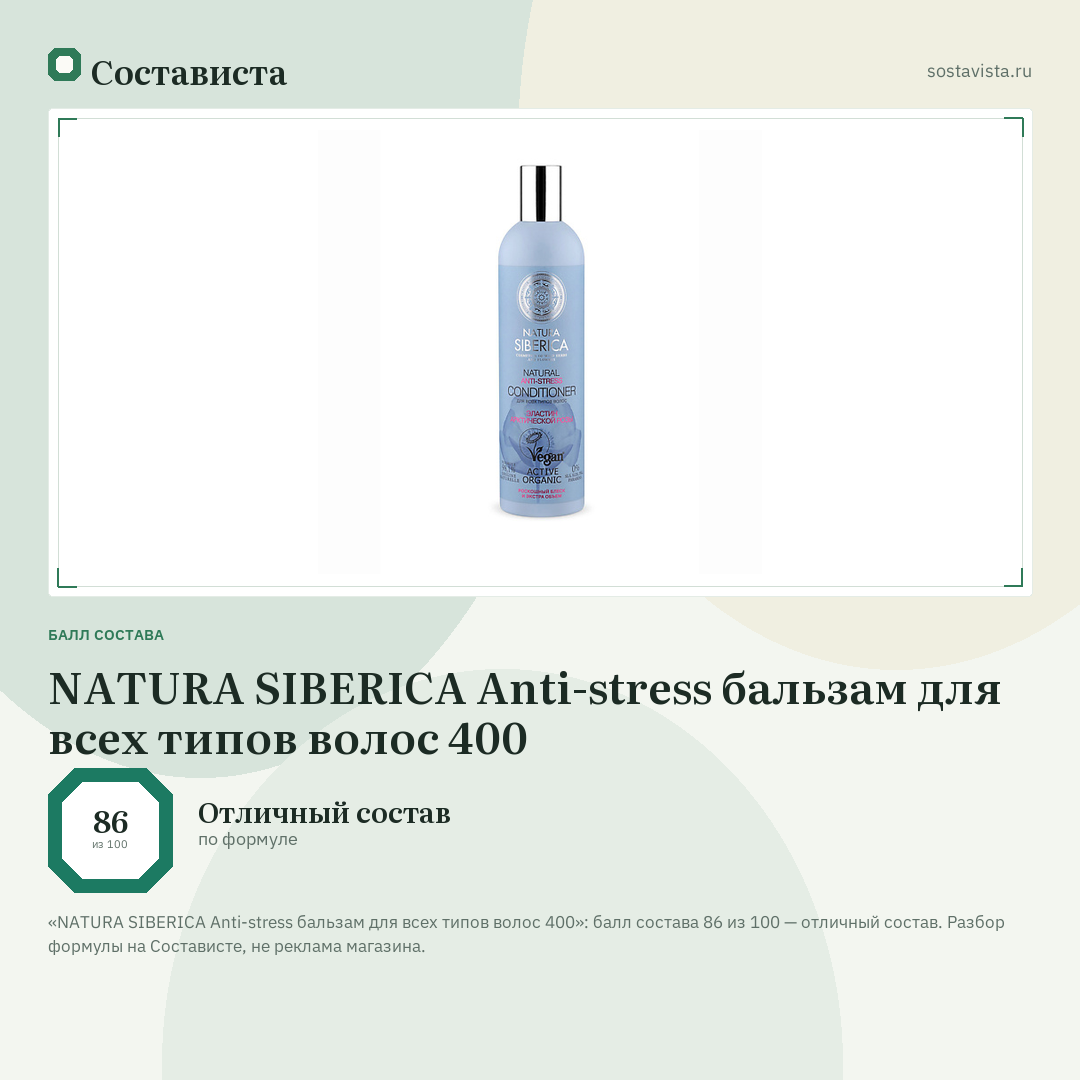 NATURA SIBERICA Anti-stress бальзам для всех типов волос 400: балл состава 86 из 100 — Состависта