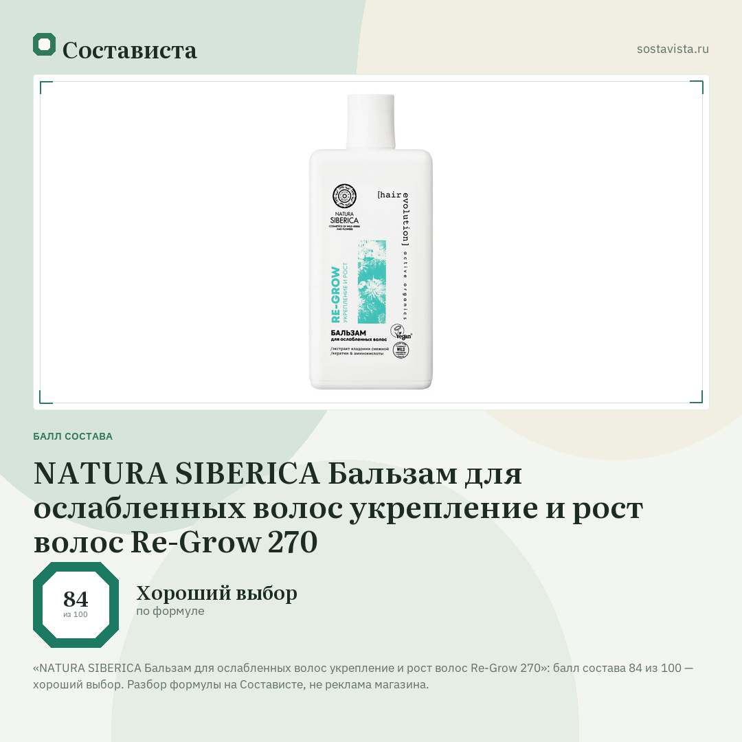 NATURA SIBERICA Бальзам для ослабленных волос укрепление и рост волос Re-Grow 270: балл состава 84 из 100 — Состависта