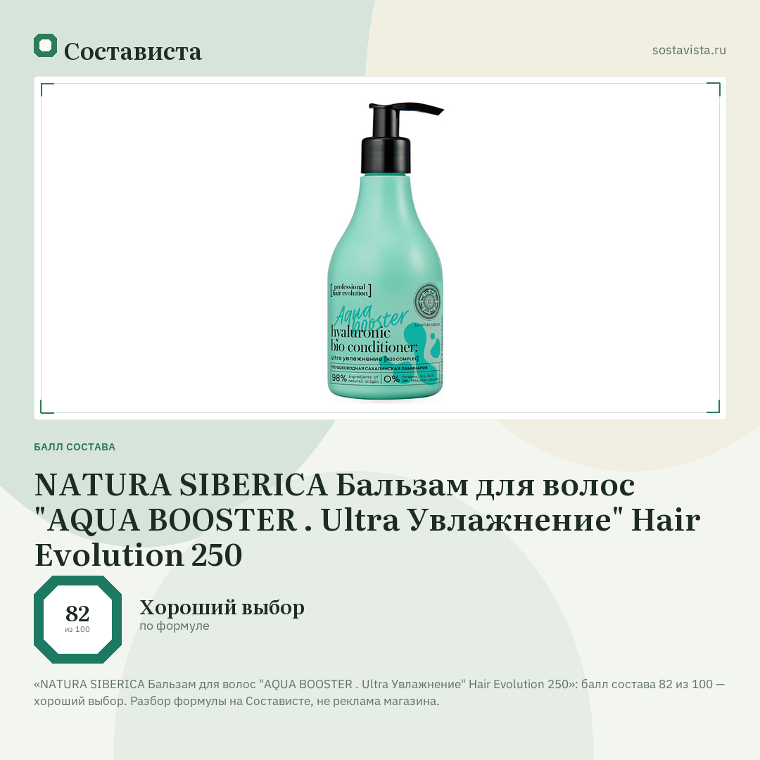 NATURA SIBERICA Бальзам для волос "AQUA BOOSTER . Ultra Увлажнение" Hair Evolution 250: балл состава 82 из 100 — Состависта