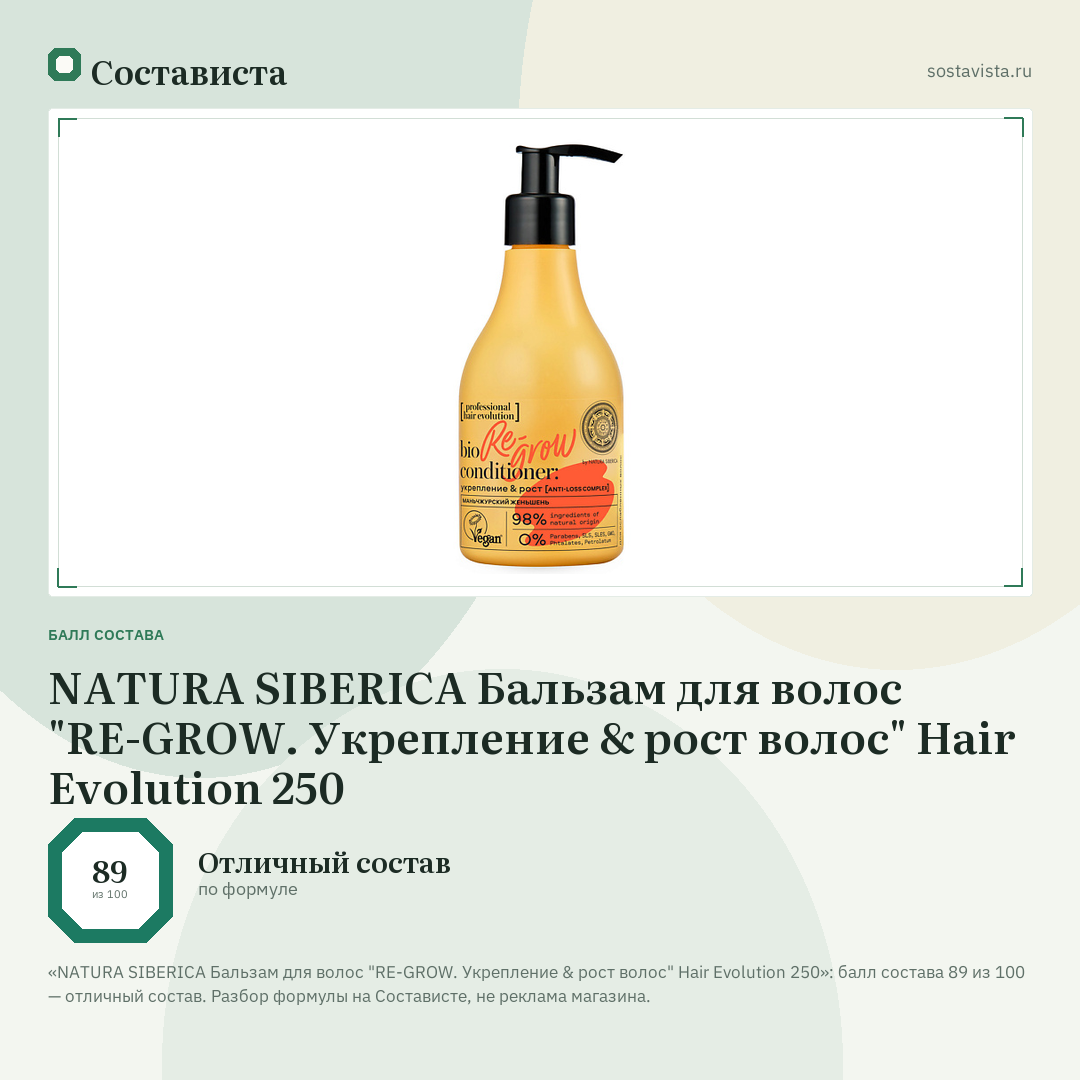 NATURA SIBERICA Бальзам для волос "RE-GROW. Укрепление & рост волос" Hair Evolution 250: балл состава 89 из 100 — Состависта