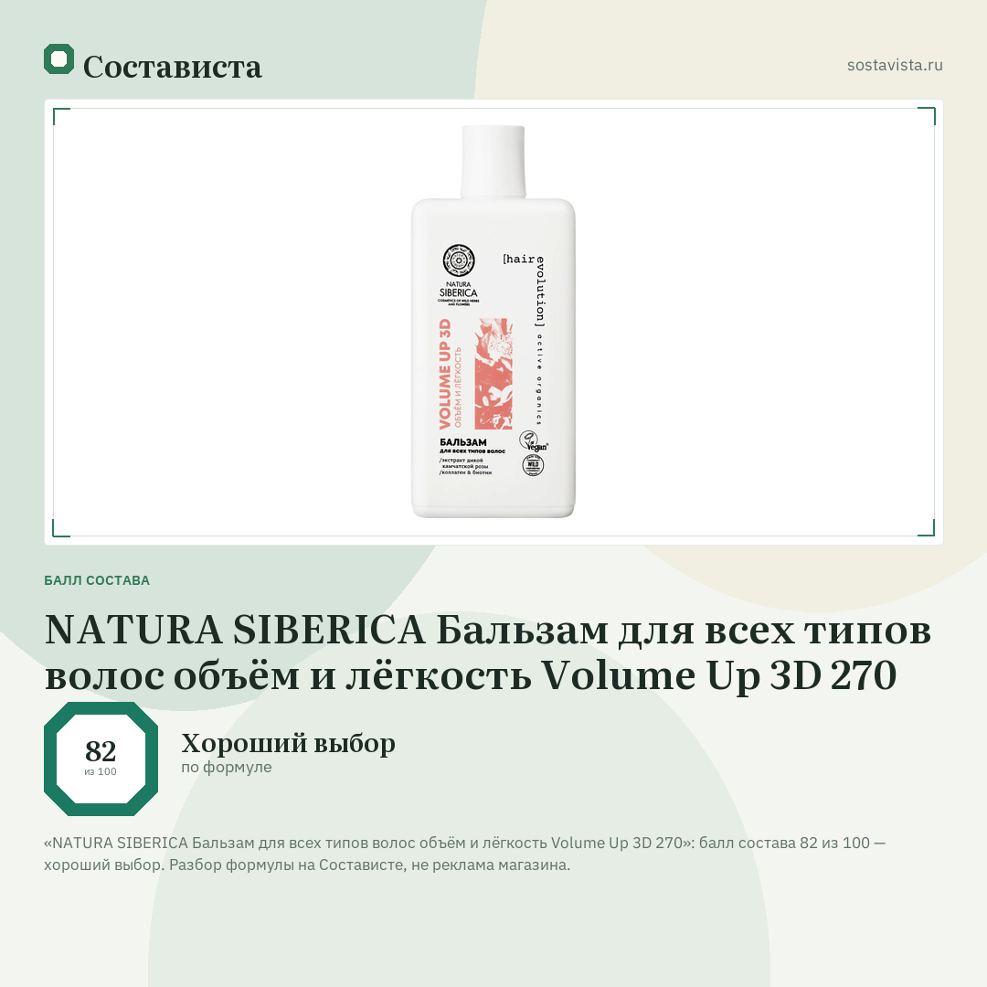 NATURA SIBERICA Бальзам для всех типов волос объём и лёгкость Volume Up 3D 270: балл состава 82 из 100 — Состависта