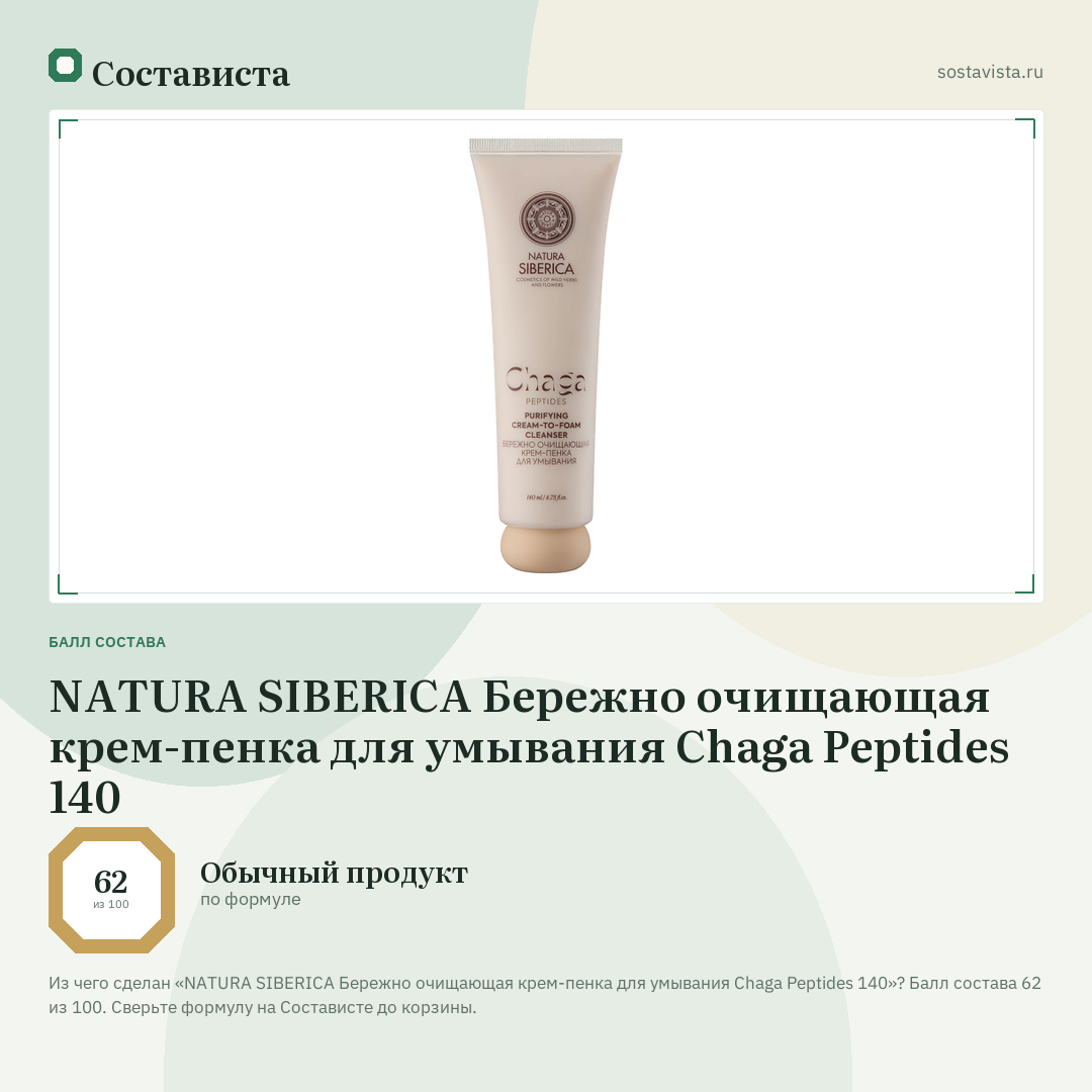 NATURA SIBERICA Бережно очищающая крем-пенка для умывания Chaga Peptides 140: балл состава 62 из 100 — Состависта