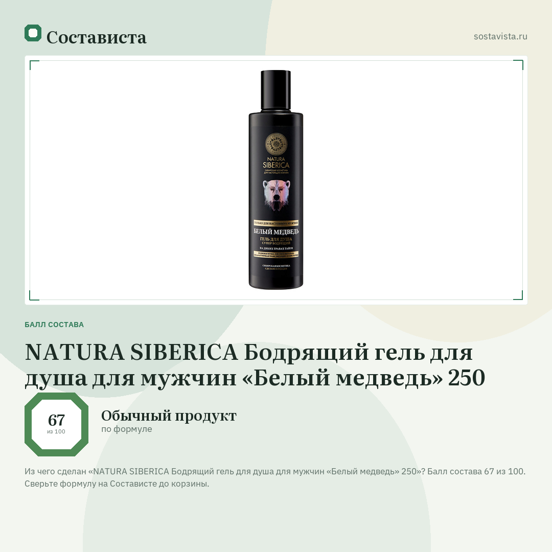 NATURA SIBERICA Бодрящий гель для душа для мужчин «Белый медведь» 250: балл состава 67 из 100 — Состависта