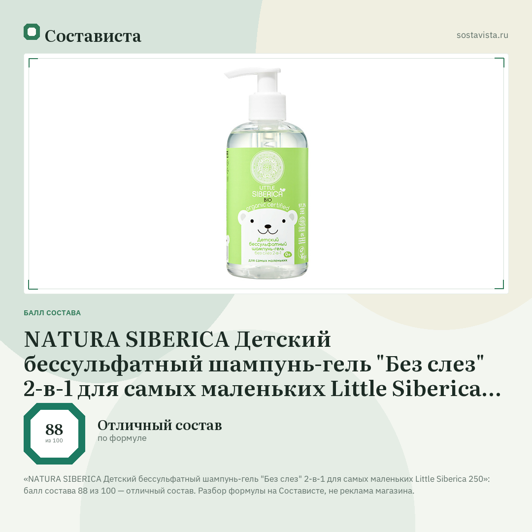 NATURA SIBERICA Детский бессульфатный шампунь-гель "Без слез" 2-в-1 для самых маленьких Little Siberica 250: балл состава 88 из 100 — Состависта