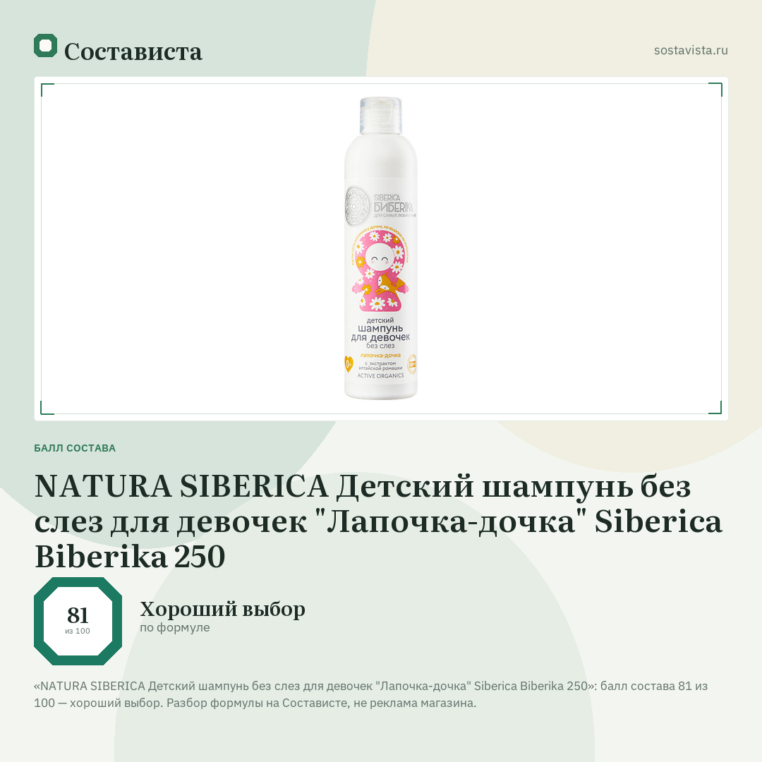 NATURA SIBERICA Детский шампунь без слез для девочек "Лапочка-дочка" Siberica Biberika 250: балл состава 81 из 100 — Состависта