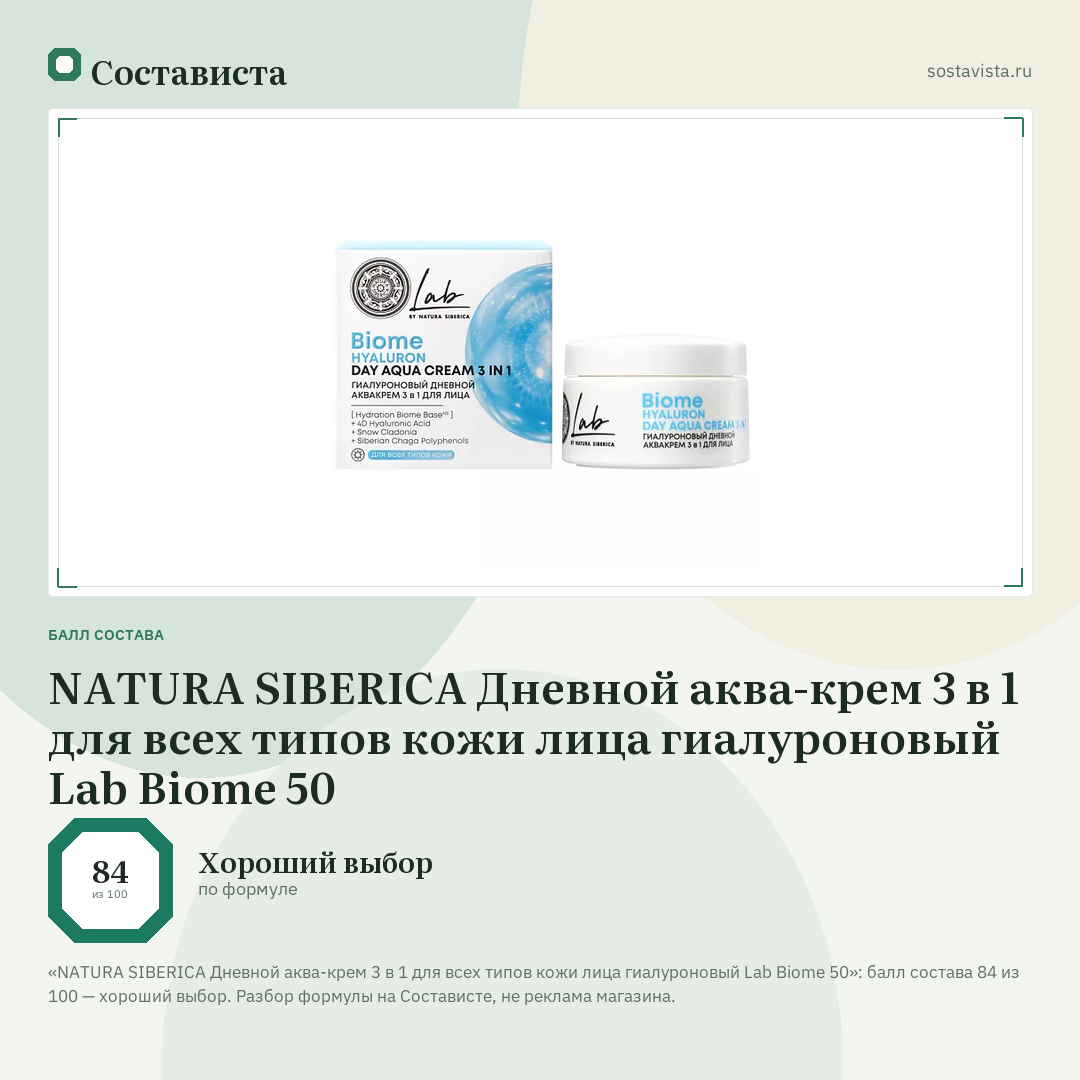 NATURA SIBERICA Дневной аква-крем 3 в 1 для всех типов кожи лица гиалуроновый Lab Biome 50: балл состава 84 из 100 — Состависта