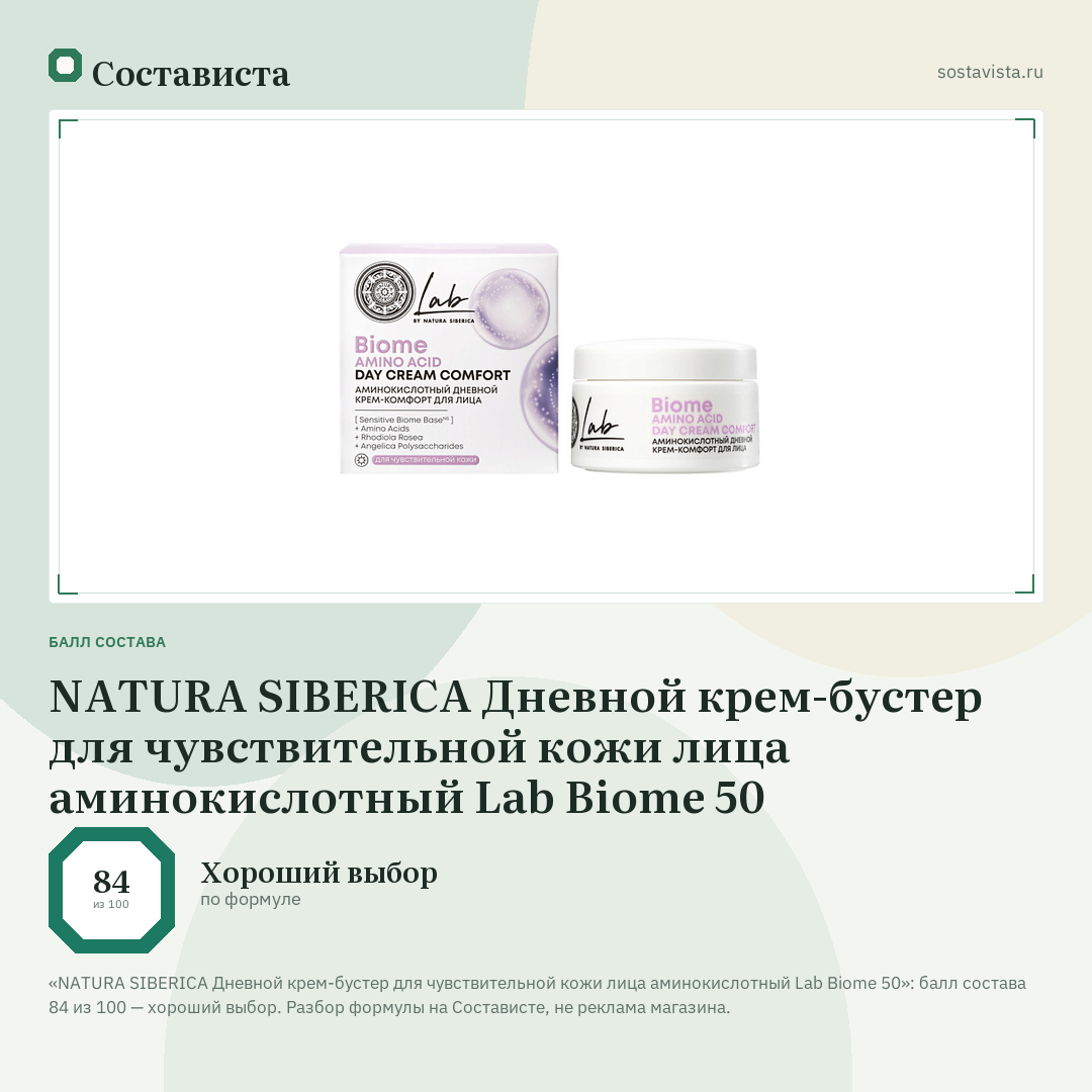NATURA SIBERICA Дневной крем-бустер для чувствительной кожи лица aминокислотный Lab Biome 50: балл состава 84 из 100 — Состависта
