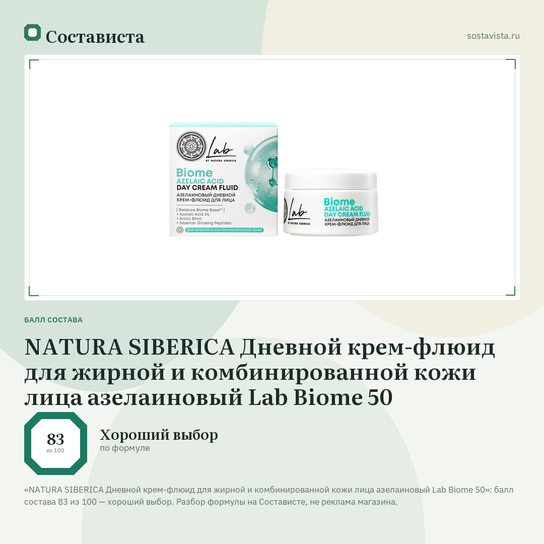 NATURA SIBERICA Дневной крем-флюид для жирной и комбинированной кожи лица азелаиновый Lab Biome 50: балл состава 83 из 100 — Состависта