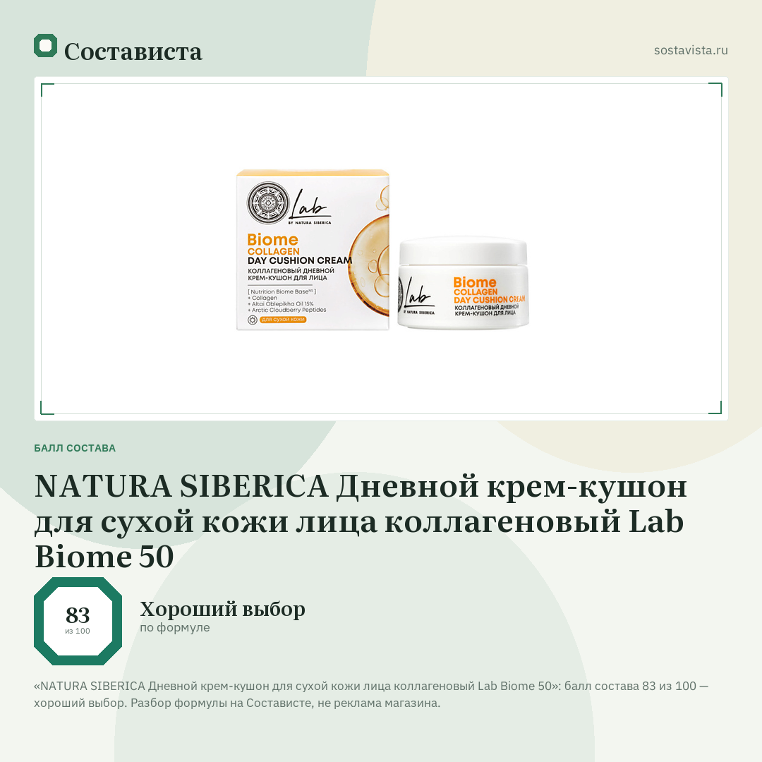 NATURA SIBERICA Дневной крем-кушон для сухой кожи лица коллагеновый Lab Biome 50: балл состава 83 из 100 — Состависта