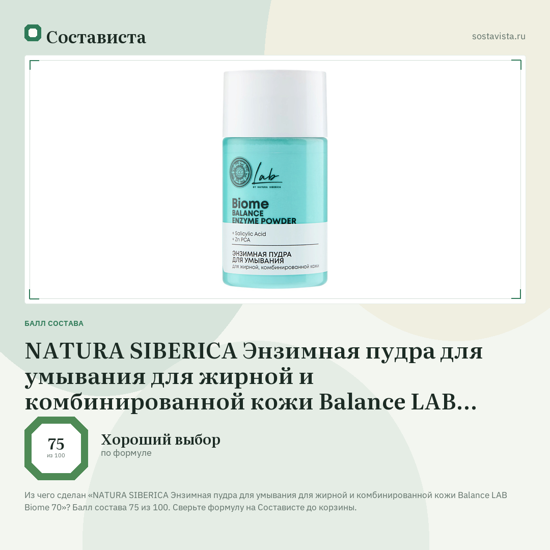 NATURA SIBERICA Энзимная пудра для умывания для жирной и комбинированной кожи Balance LAB Biome 70: балл состава 75 из 100 — Состависта