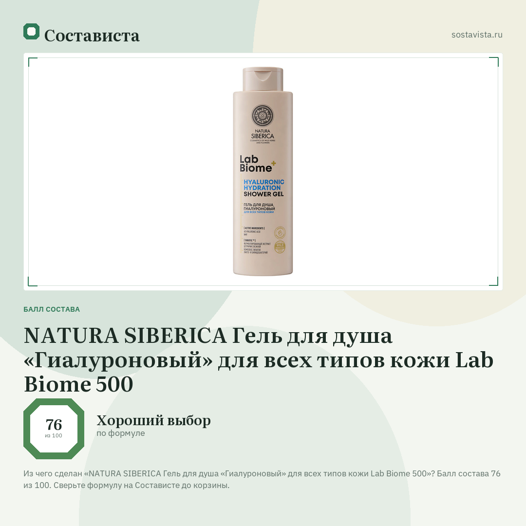 NATURA SIBERICA Гель для душа «Гиалуроновый» для всех типов кожи Lab Biome 500: балл состава 76 из 100 — Состависта