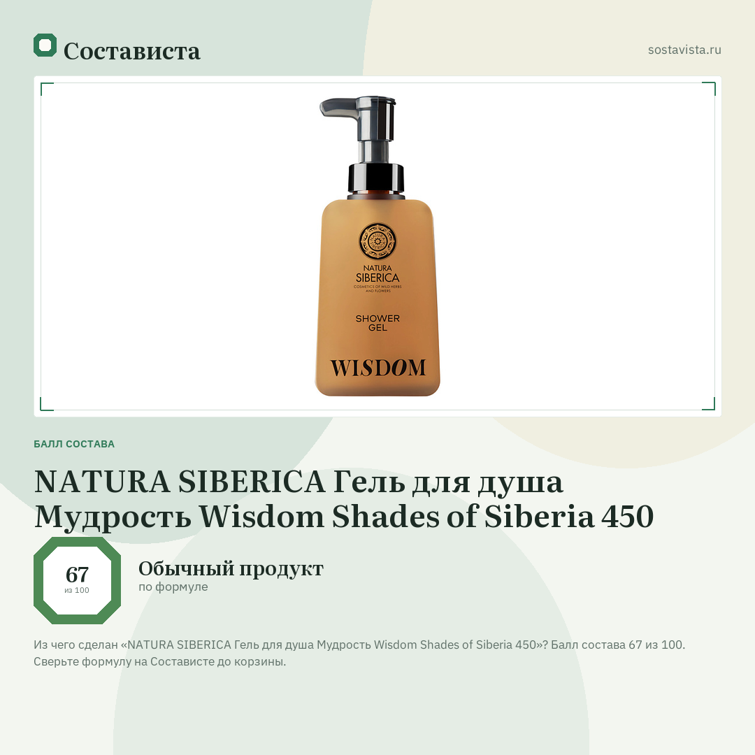 NATURA SIBERICA Гель для душа Мудрость Wisdom Shades of Siberia 450: балл состава 67 из 100 — Состависта