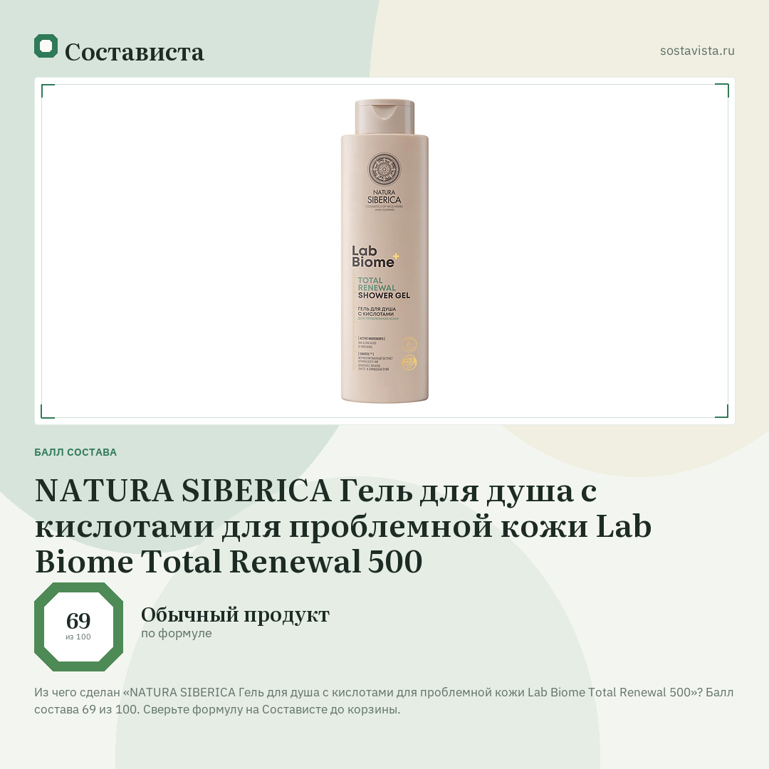 NATURA SIBERICA Гель для душа с кислотами для проблемной кожи Lab Biome Total Renewal 500: балл состава 69 из 100 — Состависта