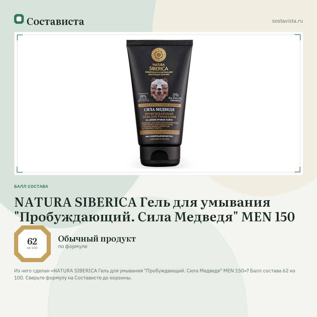 NATURA SIBERICA Гель для умывания "Пробуждающий. Сила Медведя" MEN 150: балл состава 62 из 100 — Состависта