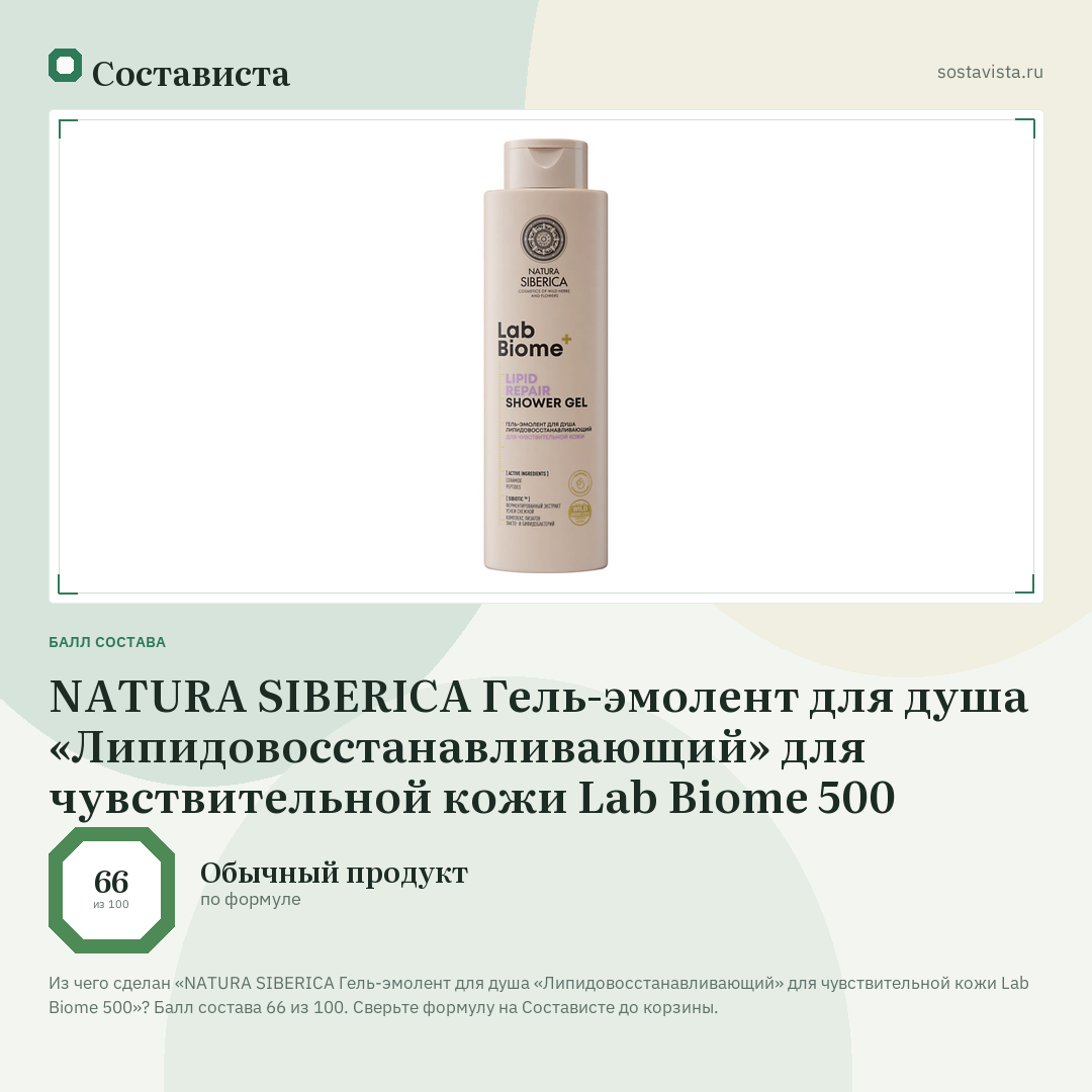NATURA SIBERICA Гель-эмолент для душа «Липидовосстанавливающий» для чувствительной кожи Lab Biome 500: балл состава 66 из 100 — Состависта
