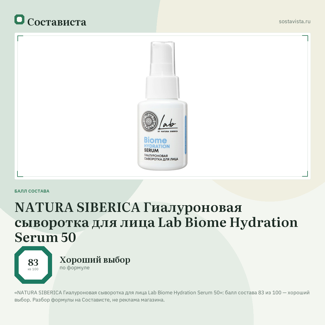 NATURA SIBERICA Гиалуроновая сыворотка для лица Lab Biome Hydration Serum 50: балл состава 83 из 100 — Состависта