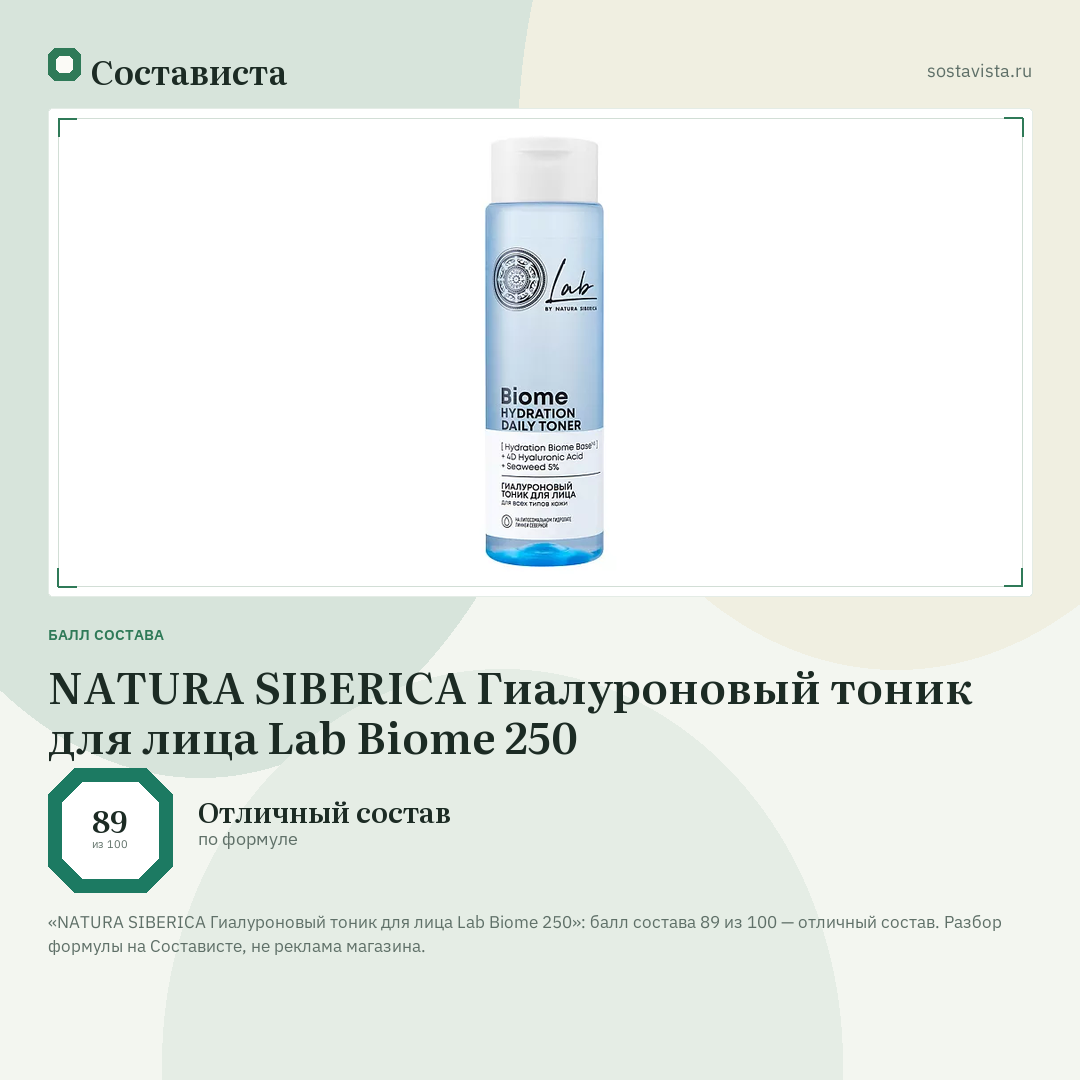 NATURA SIBERICA Гиалуроновый тоник для лица Lab Biome 250: балл состава 89 из 100 — Состависта