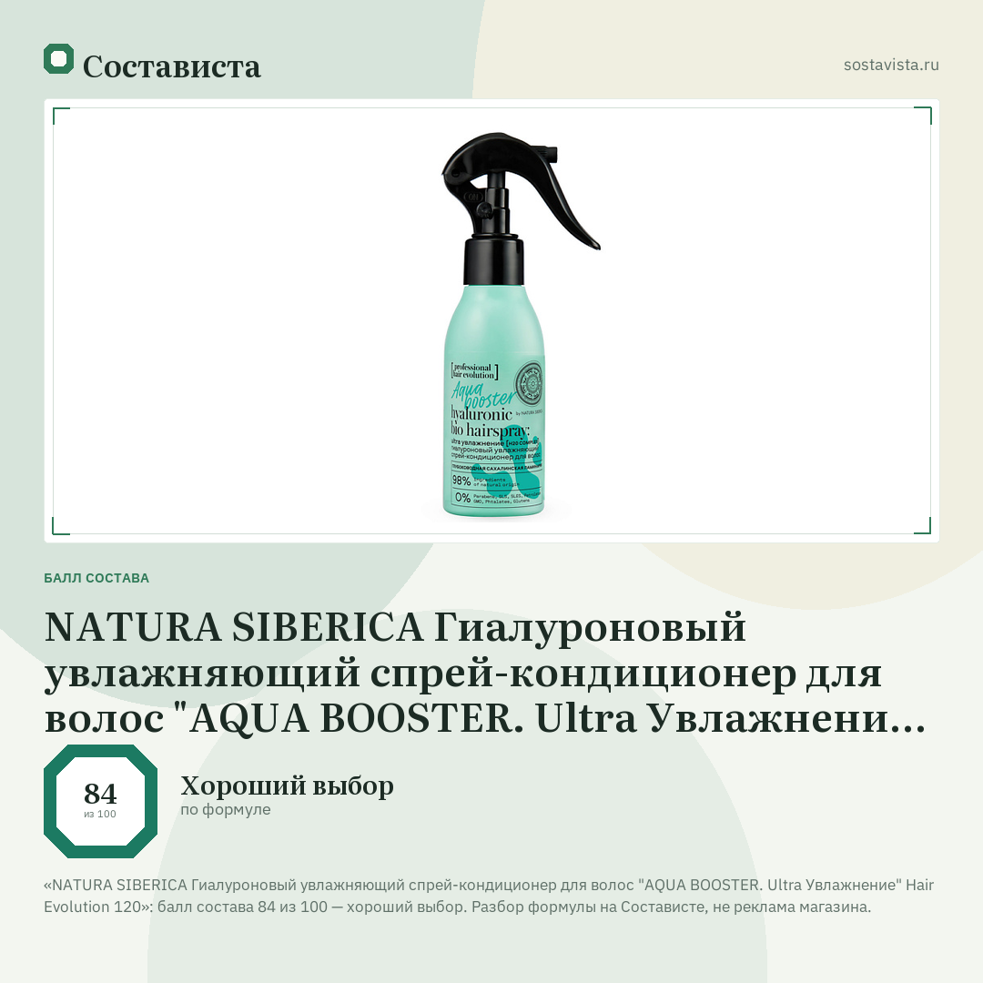 NATURA SIBERICA Гиалуроновый увлажняющий спрей-кондиционер для волос "AQUA BOOSTER. Ultra Увлажнение" Hair Evolution 120: балл состава 84 из 100 — Состависта
