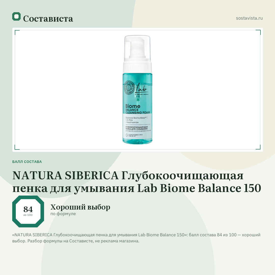 NATURA SIBERICA Глубокоочищающая пенка для умывания Lab Biome Balance 150: балл состава 84 из 100 — Состависта