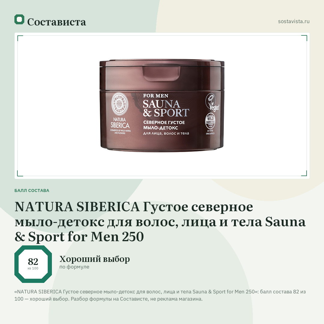 NATURA SIBERICA Густое северное мыло-детокс для волос, лица и тела Sauna & Sport for Men 250: балл состава 82 из 100 — Состависта