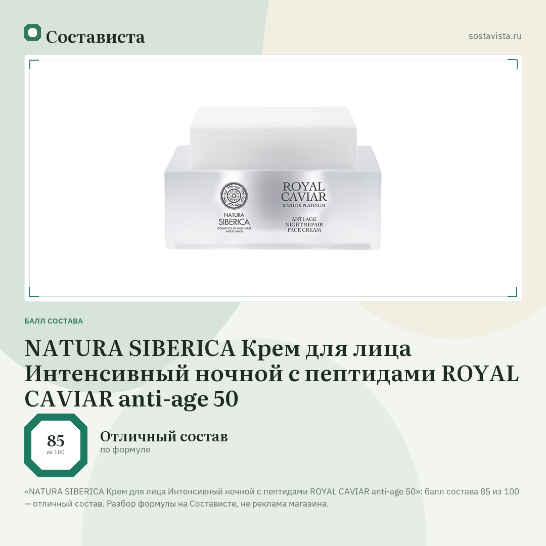 NATURA SIBERICA Крем для лица Интенсивный ночной с пептидами ROYAL CAVIAR anti-age 50: балл состава 85 из 100 — Состависта
