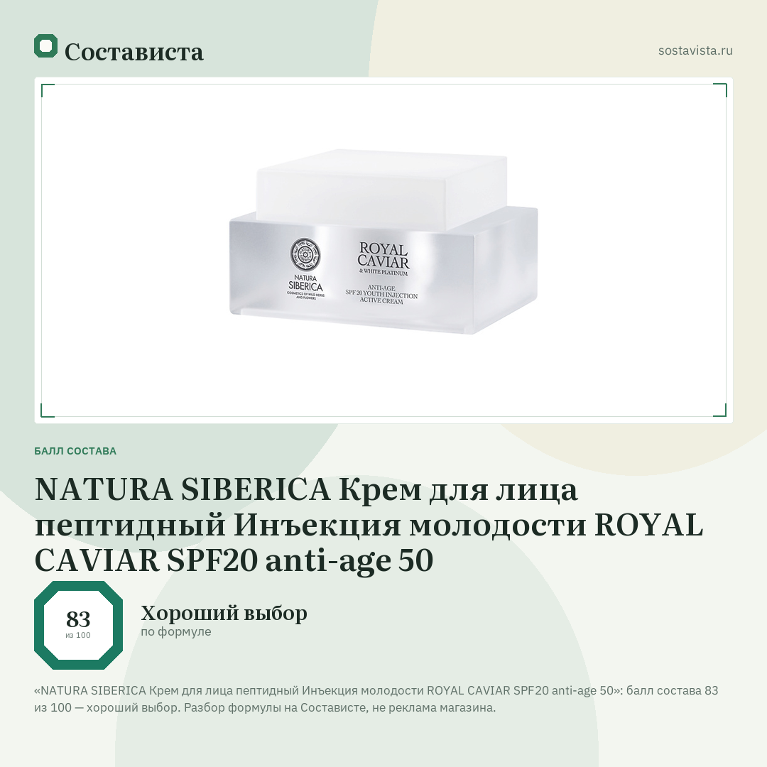 NATURA SIBERICA Крем для лица пептидный Инъекция молодости ROYAL CAVIAR SPF20 anti-age 50: балл состава 83 из 100 — Состависта