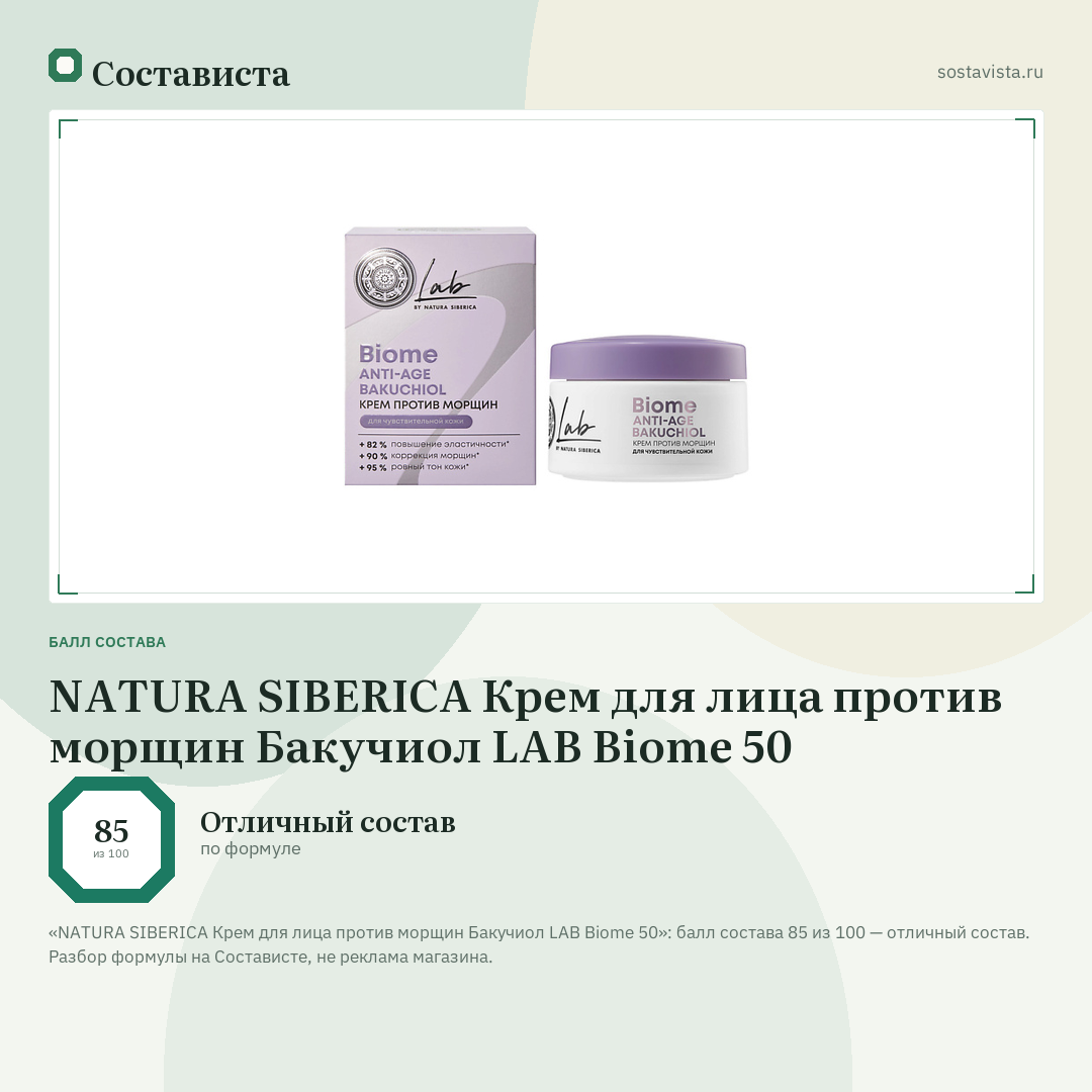 NATURA SIBERICA Крем для лица против морщин Бакучиол LAB Biome 50: балл состава 85 из 100 — Состависта