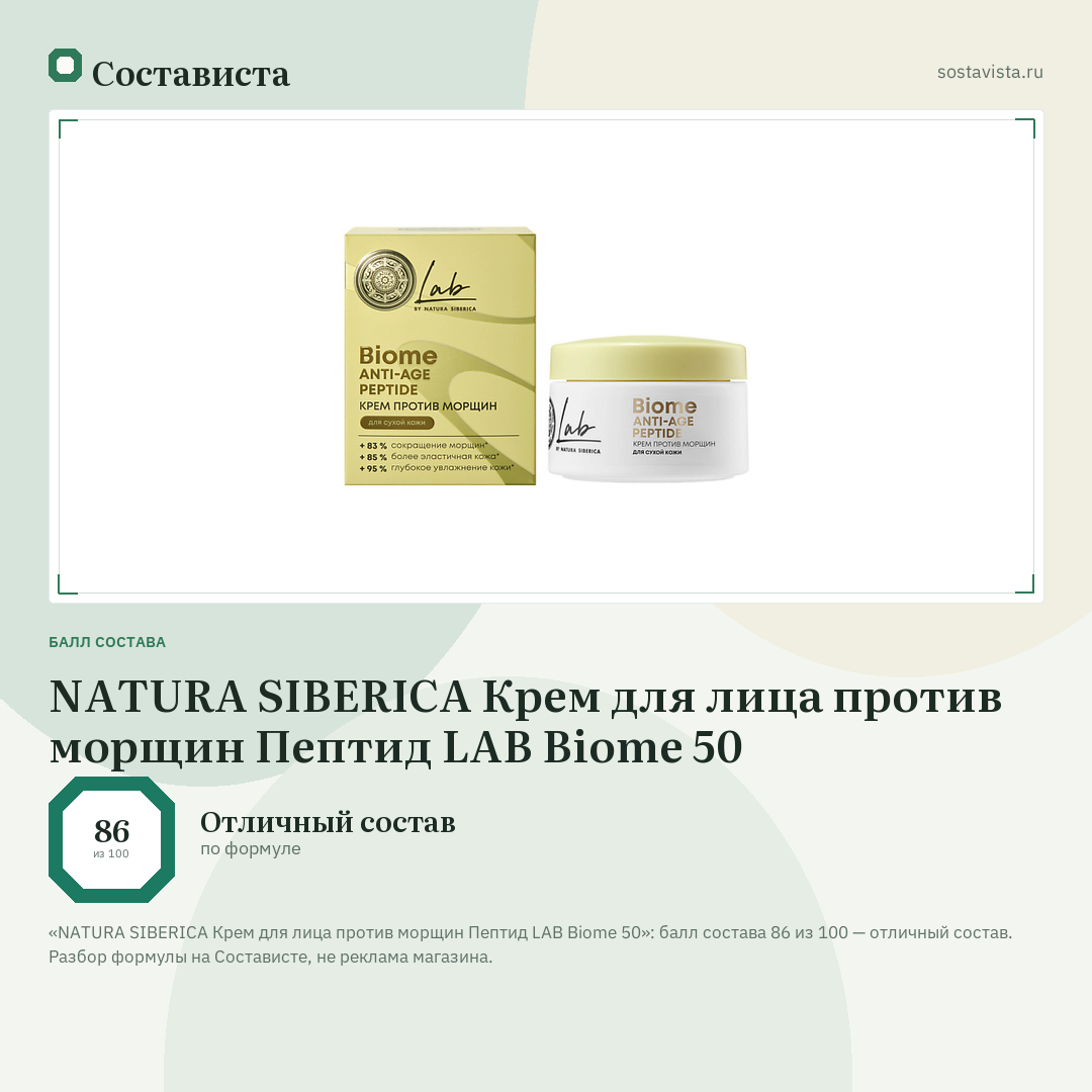 NATURA SIBERICA Крем для лица против морщин Пептид LAB Biome 50: балл состава 86 из 100 — Состависта